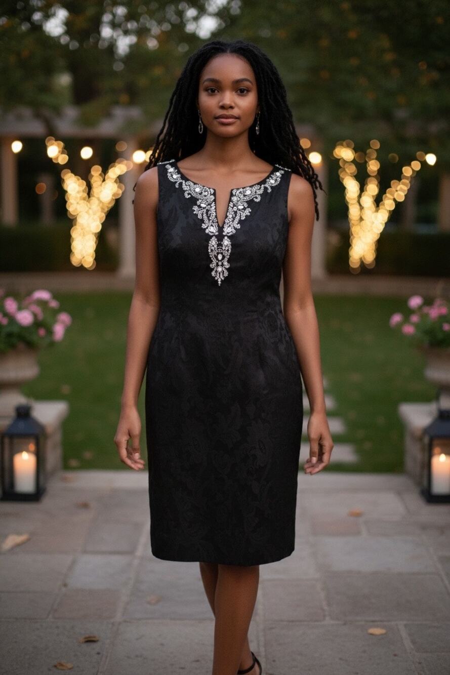 Jones New York Black Jacquard Sheath Dress Beaded Neck Size 12 New with Tags